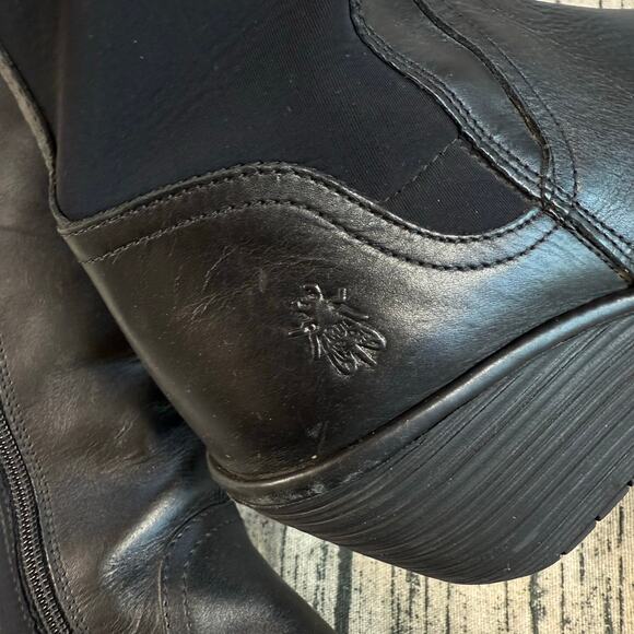 Fly London Black Leather Knee High Wedge Boots EU38/ US7-7.5 - Picture 6 of 12